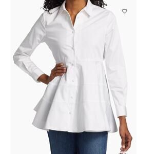 Co Essentials Cotton Peplum Button Down Shirt  White Lagenlook Womens Size XS